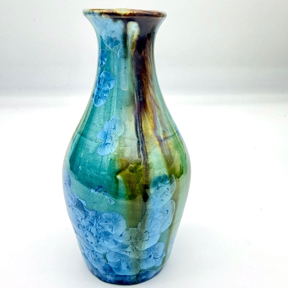 Studio Pottery Blue Crystalline Glaze Art Vase Small 5.75" Ceramic Floral